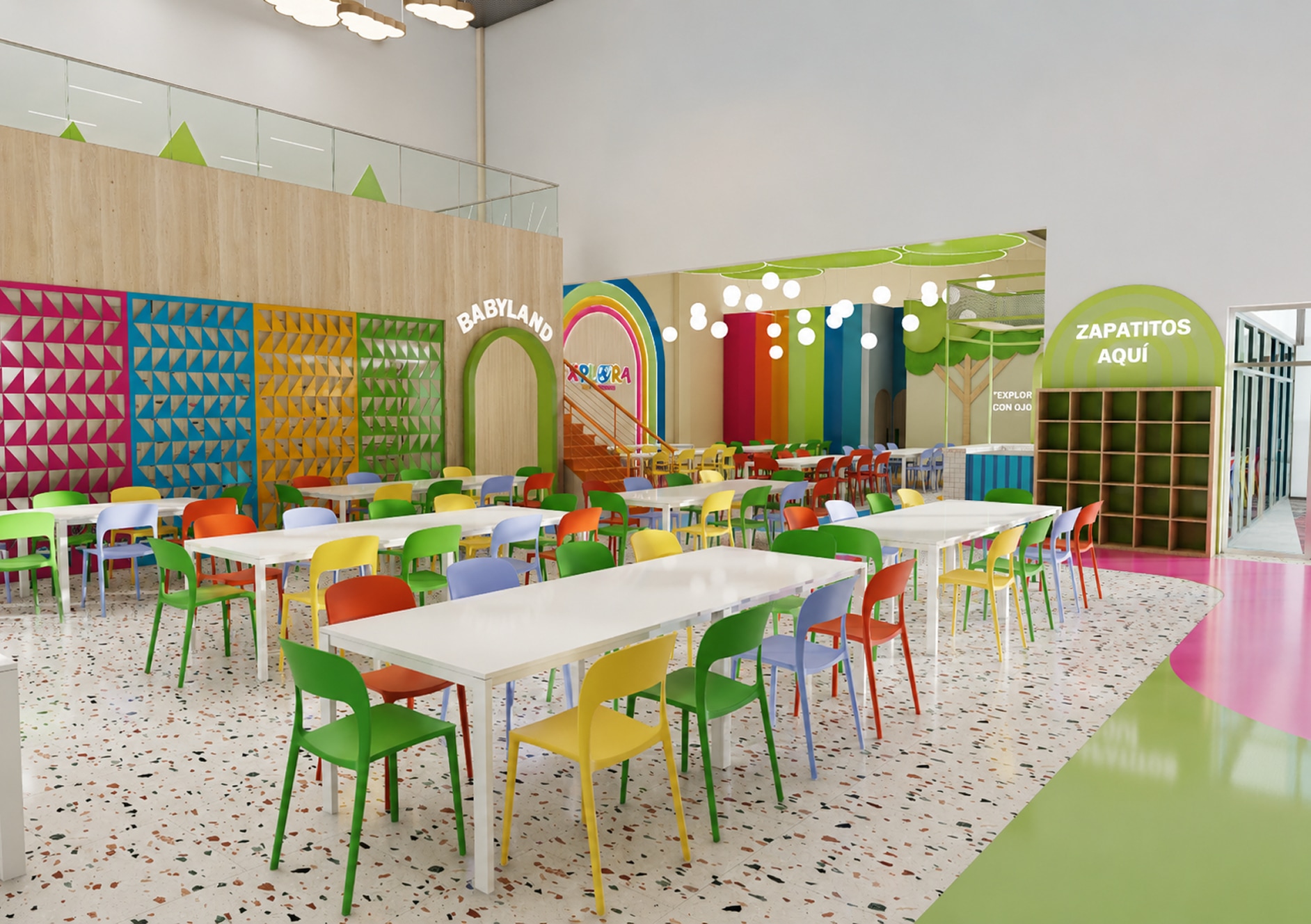 Explora3 Xplora Playground party room with colorful chairs