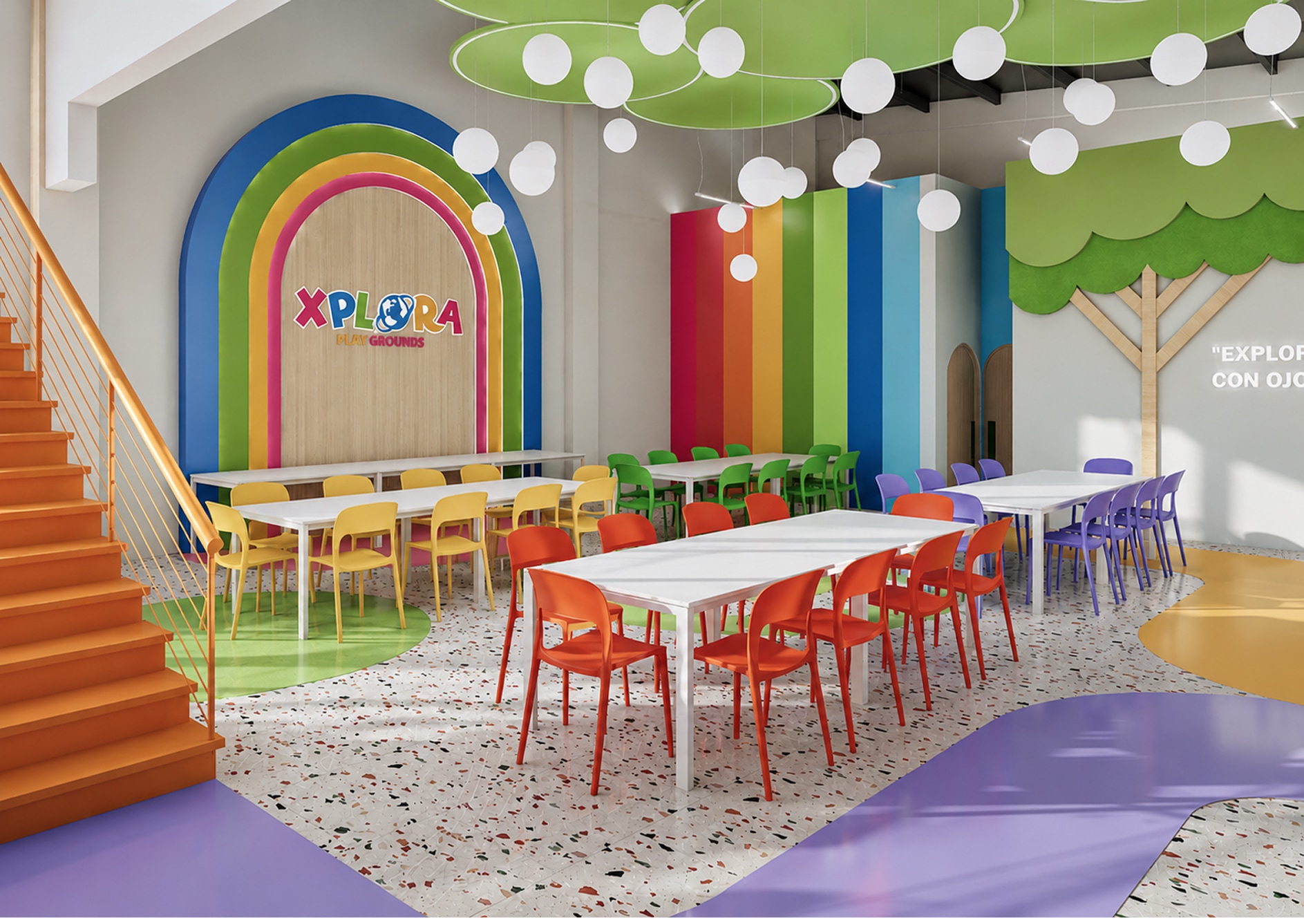 Explora5 Xplora Playground stairs and party tables