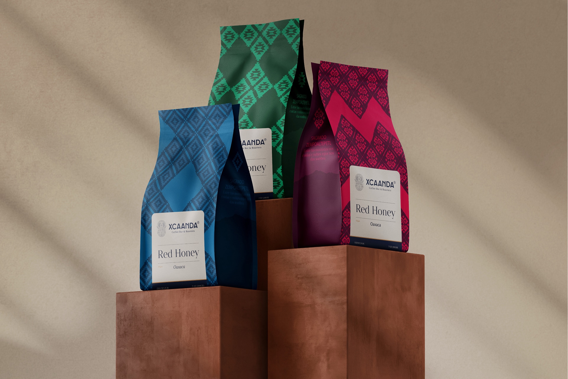 matte-pouch-05 2 Xcaanda coffee bags on wooden blocks